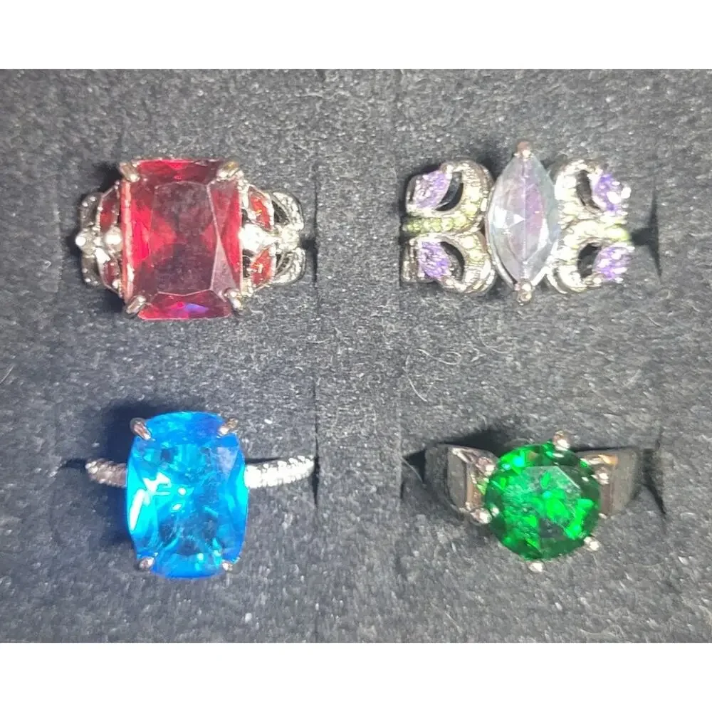 Womens Rings Lot Size 7.25 7 Purple Red Blue Green Statement Cocktail Crystal
